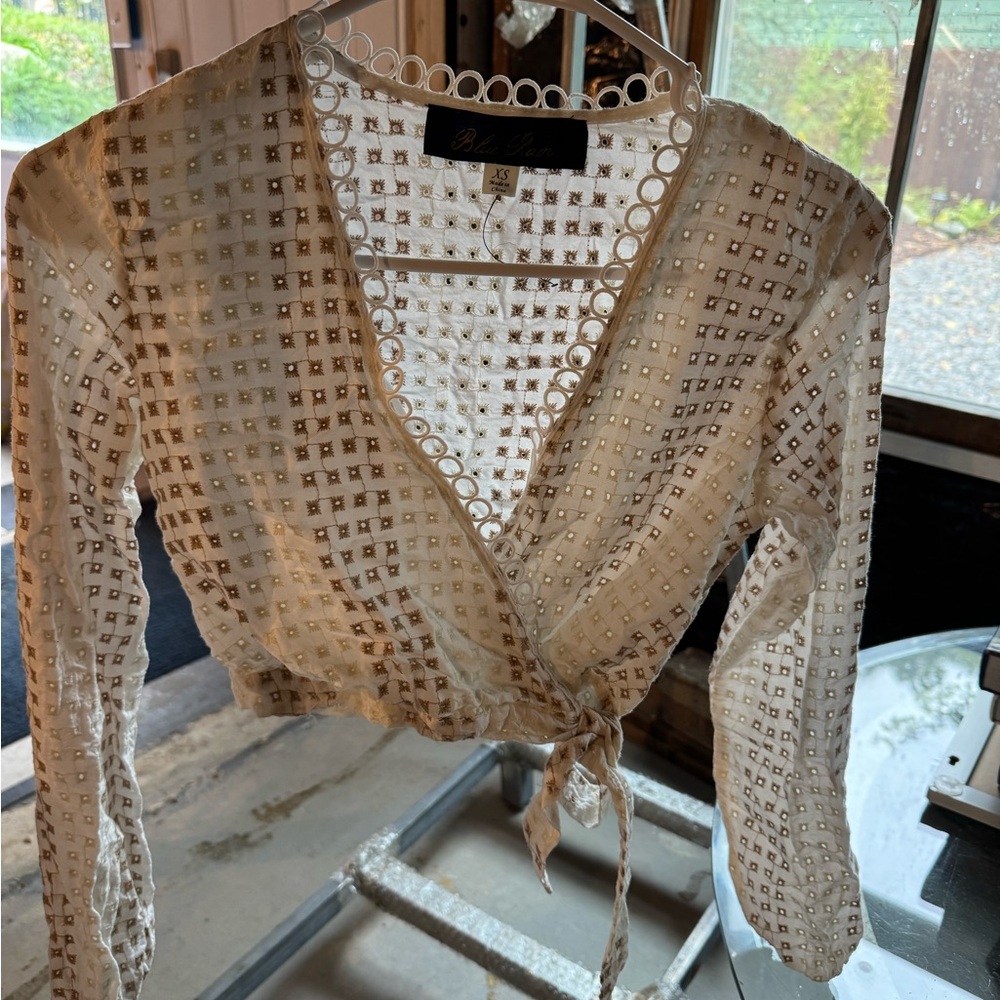 Blue Rain White and Brown Eyelet Top